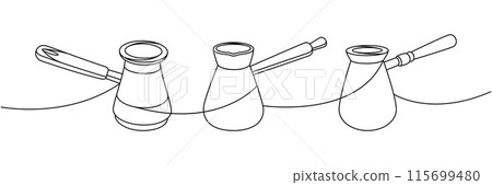 Turkish coffee pots one line continuous drawing. Hand drawn elements for cafe menu, coffee shop. Vector linear illustration. Turkish coffee pots one line continuous drawing. Hand drawn elements for cafe menu, coffee shop. Vector linear illustration. 115699480