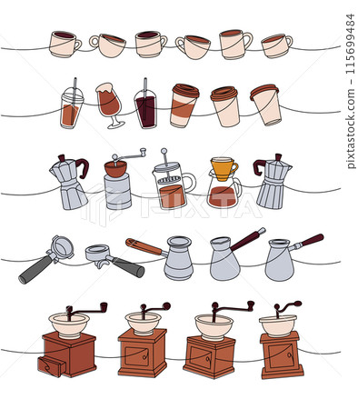 Coffee machine, gooseneck kettle, grinder, Italian coffee maker, cups, portafilter, Turkish pot, French press continuous one line colored illustration 115699484
