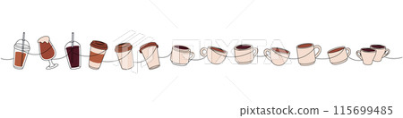 Coffee shop set one line colored continuous drawing. Takeaway coffee cups, plastic coffee cups continuous one line colored illustration. 115699485
