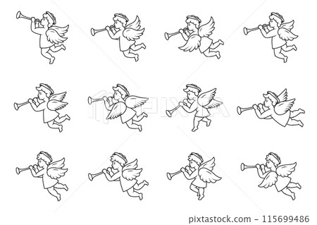 Cherub outline set. Angel with a wings. Herald angel blowing trumpet. Cherub blowing into a tube. Cherub outline set. Angel with a wings. Herald angel blowing trumpet. Cherub blowing into a tube. 115699486