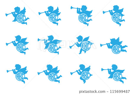 Cherub with monograms. Kids name monogram. Angel with a wings. Herald angel blowing trumpet. Cherub blowing into a tube. Cherub with monograms. Kids name monogram. Angel with a wings. Herald angel blowing trumpet. Cherub blowing into a tube. 115699487