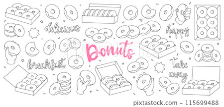 Donuts outline set. Glazed doughnuts with sprinkles. Bakery sweet pastry food. Hand drawn elements for confectionery menu, bakery shop. 115699488