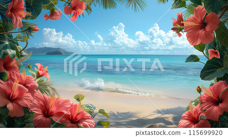 Hibiscus and beach background material 115699920