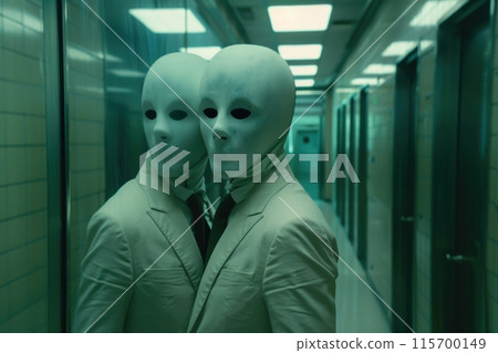 Mysterious masked figures in surreal hallway reflection 115700149