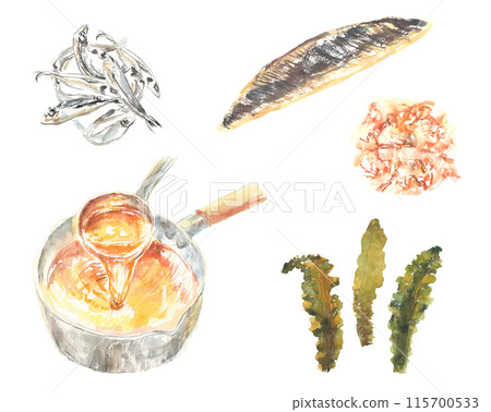 A set of watercolor illustrations of various soup stocks A set of watercolor illustrations of various soup stocks 115700533