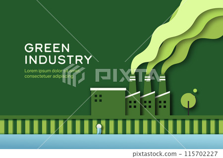 Green Industry. Pipe of factory with green smoke. Paper art of Sustainable energy, ecology and environment concept. Minimal vector illustration. Green Industry. Pipe of factory with green smoke. Paper art of Sustainable energy, ecology and environment concept. Minimal vector illustration. 115702227