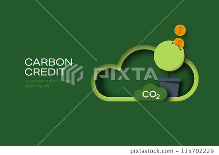 Carbon Credit concept. Sustainable development to reduce CO2 emissions impact. Carbon management concept. Paper Art Style. Minimal Vector illustration. 115702229