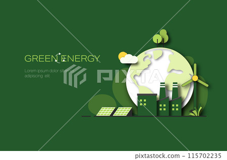 Green industry. Green Energy Concept. Sustainable renewable energy sources. Environmental, Social, and Corporate Governance concept. Paper Art Style. Minimal Vector illustration. Green industry. Green Energy Concept. Sustainable renewable energy sources. Environmental, Social, and Corporate Governance concept. Paper Art Style. Minimal Vector illustration. 115702235