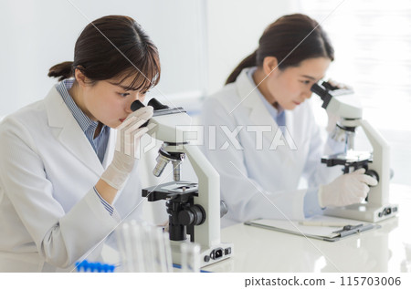 穿白大褂的女人做研究、實驗、顯微鏡 115703006