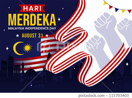 Happy Malaysia Independence Day Vector Illustration on 31 August with Waving Flag and Ribbon in a National Holiday Flat Cartoon Background Happy Malaysia Independence Day Vector Illustration on 31 August with Waving Flag and Ribbon in a National Holiday Flat Cartoon Background 115703403