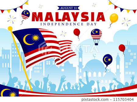 Happy Malaysia Independence Day Vector Illustration on 31 August with Waving Flag and Ribbon in a National Holiday Flat Cartoon Background Happy Malaysia Independence Day Vector Illustration on 31 August with Waving Flag and Ribbon in a National Holiday Flat Cartoon Background 115703404