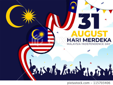 Happy Malaysia Independence Day Vector Illustration on 31 August with Waving Flag and Ribbon in a National Holiday Flat Cartoon Background 115703406