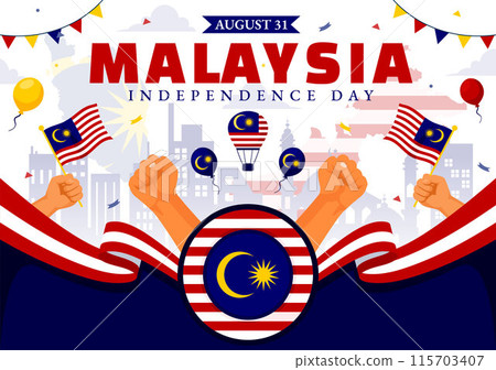 Happy Malaysia Independence Day Vector Illustration on 31 August with Waving Flag and Ribbon in a National Holiday Flat Cartoon Background Happy Malaysia Independence Day Vector Illustration on 31 August with Waving Flag and Ribbon in a National Holiday Flat Cartoon Background 115703407