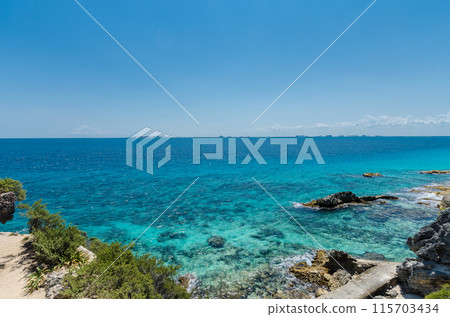 Scenic view of Caribbean Ocean at Punta Sur, Isla Mujeres Scenic view of Caribbean Ocean at Punta Sur, Isla Mujeres 115703434