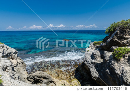 Scenic view of Caribbean Ocean at Punta Sur, Isla Mujeres Scenic view of Caribbean Ocean at Punta Sur, Isla Mujeres 115703446
