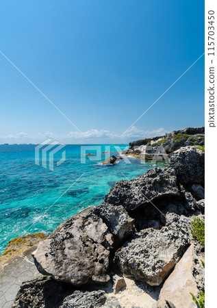 Scenic view of Caribbean Ocean at Punta Sur, Isla Mujeres Scenic view of Caribbean Ocean at Punta Sur, Isla Mujeres 115703450