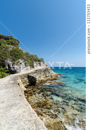 Scenic view of Caribbean Ocean at Punta Sur, Isla Mujeres Scenic view of Caribbean Ocean at Punta Sur, Isla Mujeres 115703453