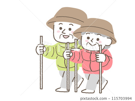 一對老年夫婦徒步旅行的插圖 115703994
