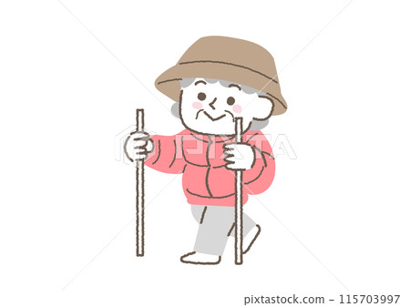 一位老年婦女徒步旅行的插圖 115703997