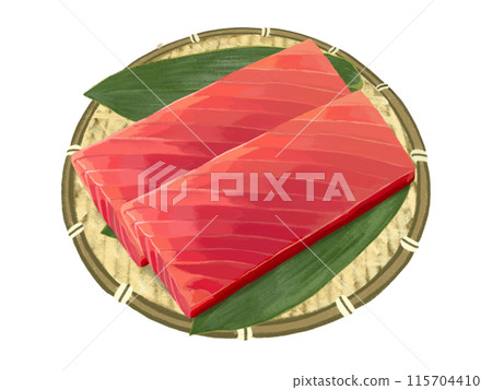 Tuna sashimi (saku) in a colander with bamboo leaves 115704410