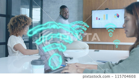Wi fi icons over biracial casual businesswoman and diverse colleagues at casual meeting 115704608