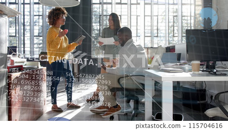 Graphs and data processing over diverse colleagues discussing at casual office meeting Graphs and data processing over diverse colleagues discussing at casual office meeting 115704616