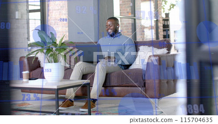 Network and processing data over african american casual businessman having image call 115704635