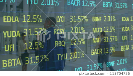 Image of financial data processing over business people working in office 115704726