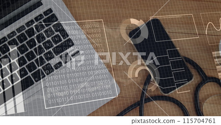 Image of financial data processing over office desk with electronic devices 115704761
