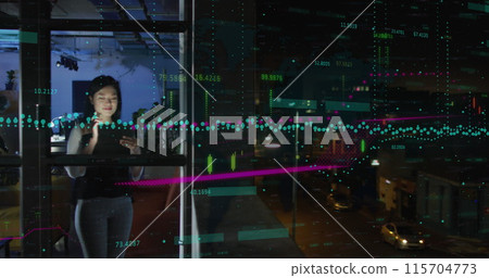 Image of financial data processing over asian businesswoman working in office 115704773