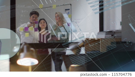 Image of financial data processing over diverse business people working in office 115704776
