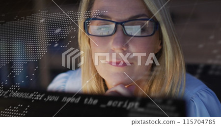 Image of financial data processing over caucasian businesswoman working in office Image of financial data processing over caucasian businesswoman working in office 115704785
