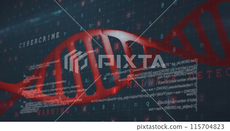 Image of dna strand over data processing on black background 115704823
