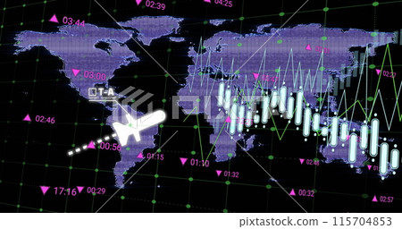 Image of data processing and world map on black background 115704853