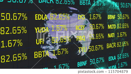 Image of data processing and globe on black background 115704879