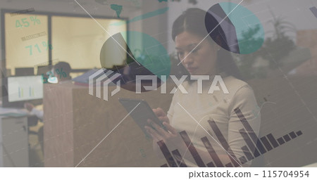 Image of financial data processing over biracial businesswoman Image of financial data processing over biracial businesswoman 115704954