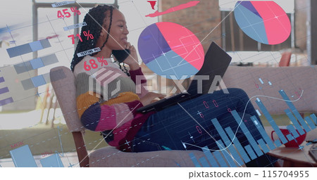 Image of data processing and world map over biracial businesswoman talking on smartphone Image of data processing and world map over biracial businesswoman talking on smartphone 115704955