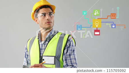 Digital interface with media icons overlays engineer noting on clipboard, symbolizing global network Digital interface with media icons overlays engineer noting on clipboard, symbolizing global network 115705092