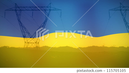 Image of flag of ukraine over field and electricity poles 115705105