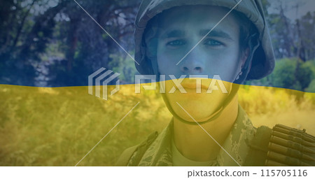 Image of flag of ukraine over caucasian male soldier with weapon Image of flag of ukraine over caucasian male soldier with weapon 115705116
