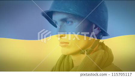 Image of flag of ukraine over caucasian male soldier with weapon Image of flag of ukraine over caucasian male soldier with weapon 115705117
