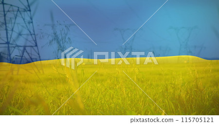 Image of flag of ukraine over field and electricity poles 115705121