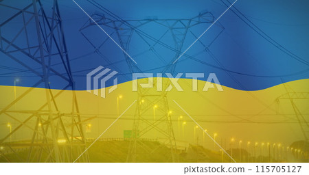 Image of flag of ukraine over field and electricity poles Image of flag of ukraine over field and electricity poles 115705127