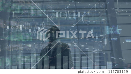Image of data processing over african american businessman walking Image of data processing over african american businessman walking 115705139