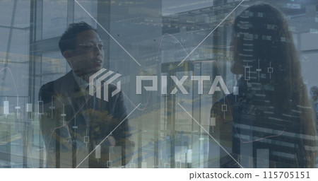 Image of data processing over diverse business people talking 115705151