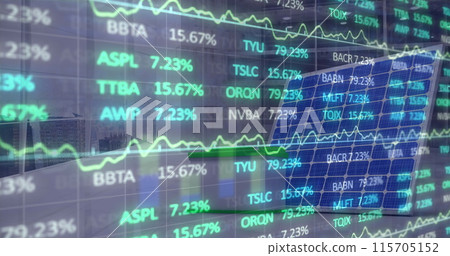 Image of financial data processing over cardboard boxes on conveyor belt in warehouse Image of financial data processing over cardboard boxes on conveyor belt in warehouse 115705152