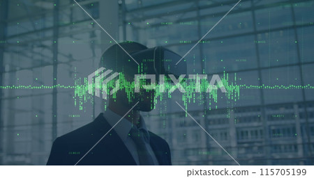 Image of data processing over caucasian businessman using vr headset 115705199