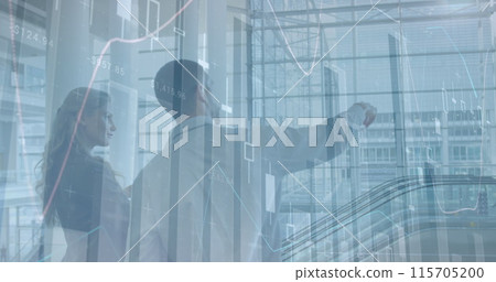 Image of data processing over caucasian business people talking Image of data processing over caucasian business people talking 115705200