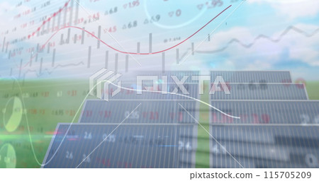 Image of financial data processing over solar panels Image of financial data processing over solar panels 115705209