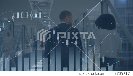 Image of data processing over diverse business people walking 115705217